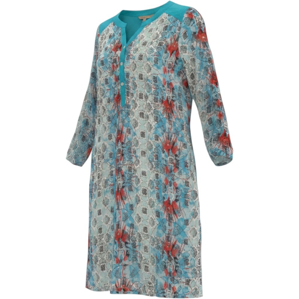 Global Desi Turquoise Floral Paisley Georgette Tunic Top Small Boho Split Neck